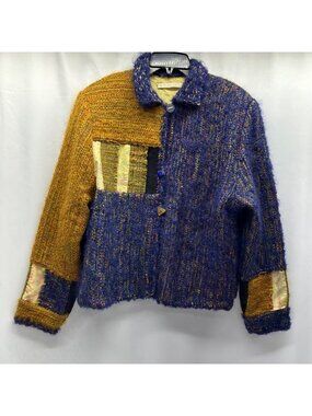 Barbara Rubright Wool Patchwork Button-Up Jacket In Blue & Gold Tones With Uniqu